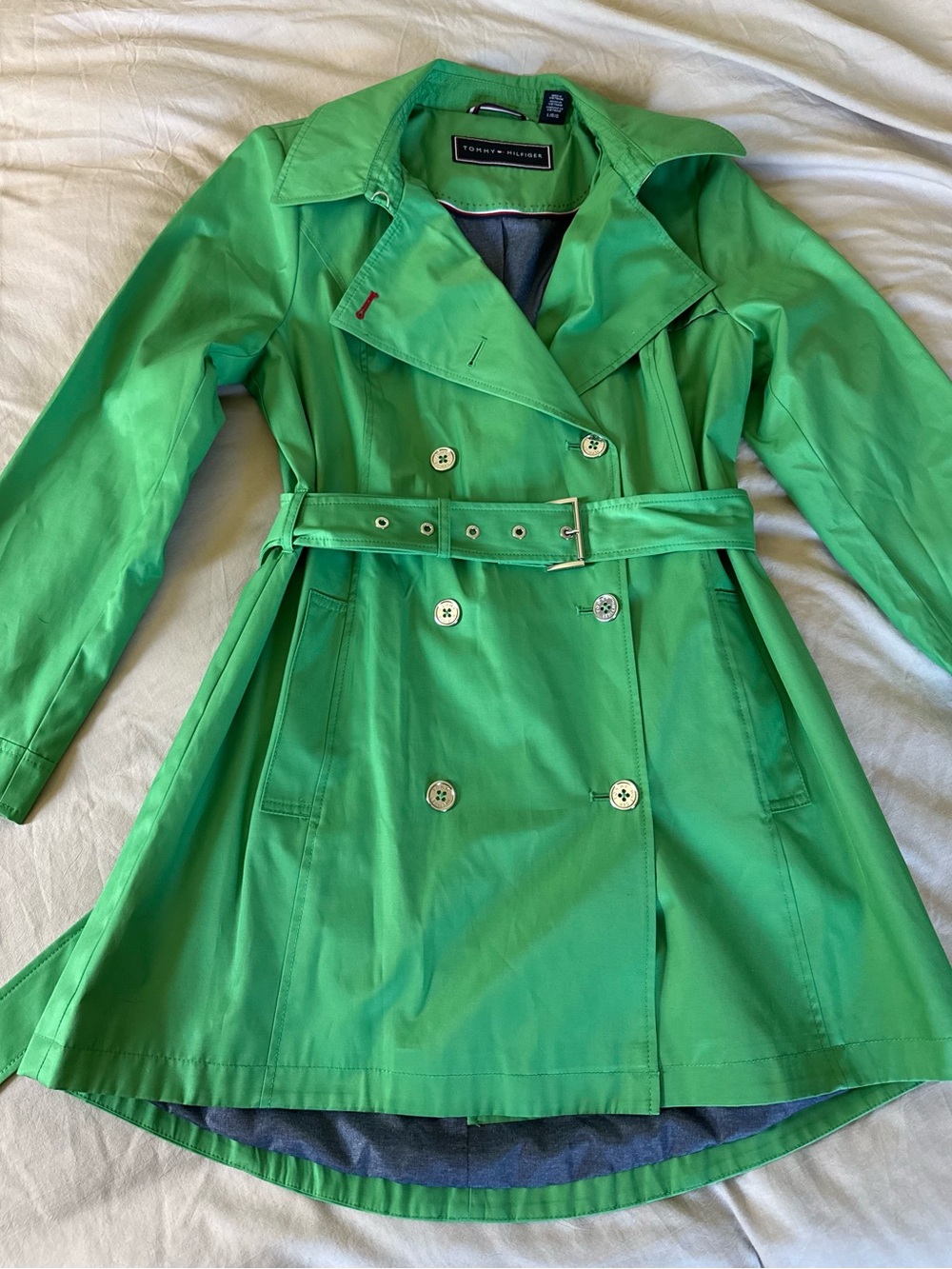 Tommy Hilfiger Bright Green Double-Breasted Trench Coat with Belt
